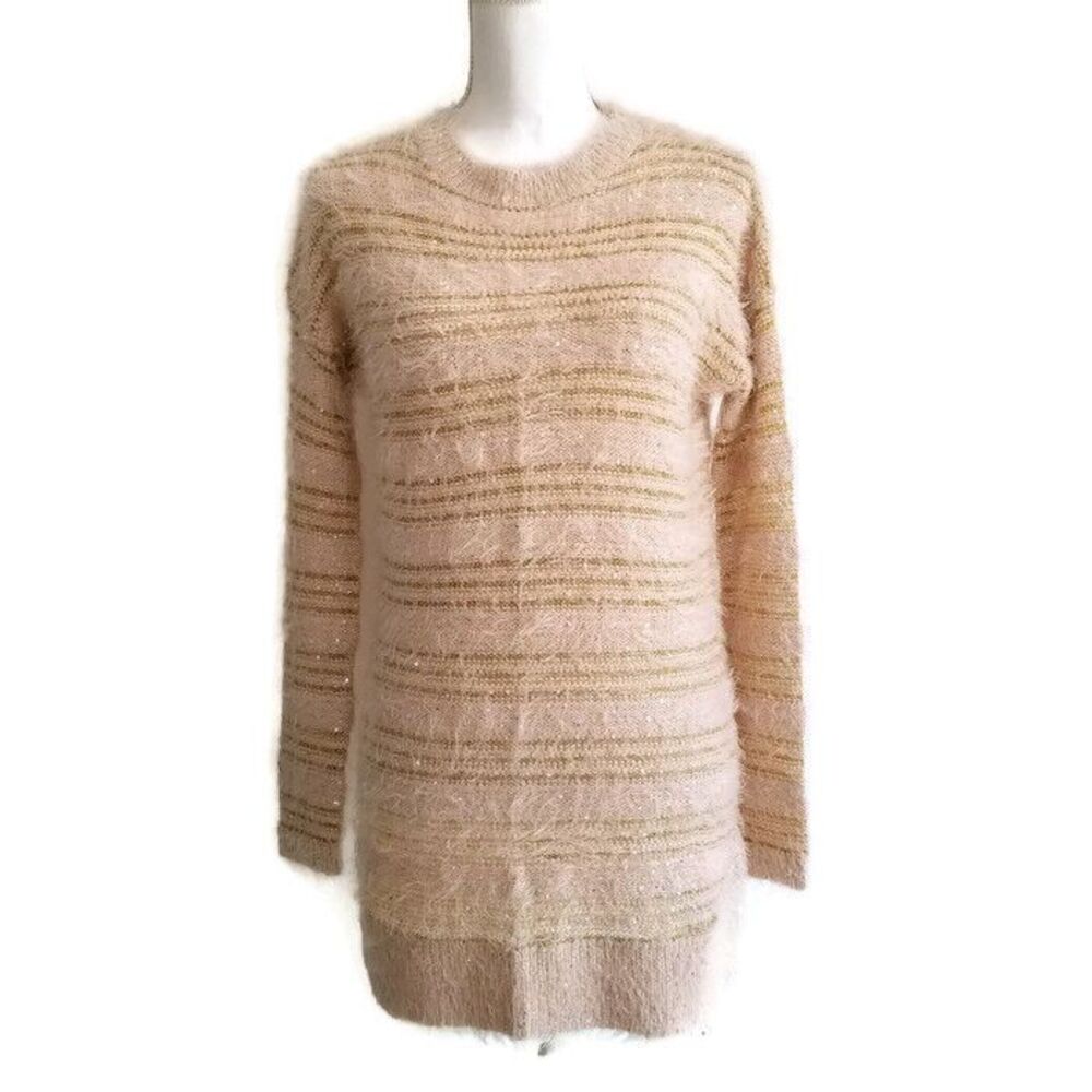 GB Gianni Bini Tunic Sweater Junior Womens XS Tan Striped with Gold Metallic